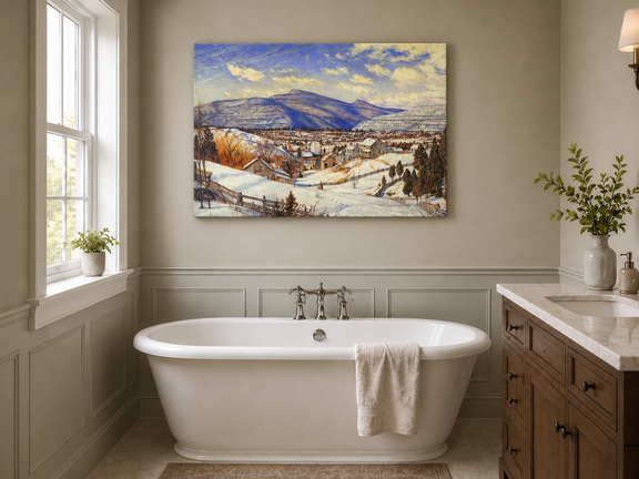 Hand-painted Snowy Mountain Village in Winter Light landscape oil painting displayed as wall art in a styled interior