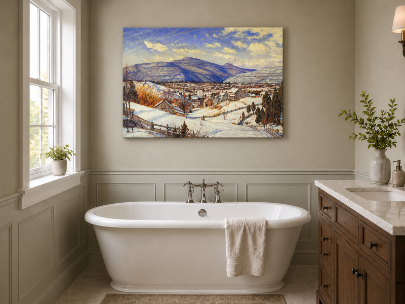 Hand-painted Snowy Mountain Village in Winter Light landscape oil painting displayed as wall art in a styled interior