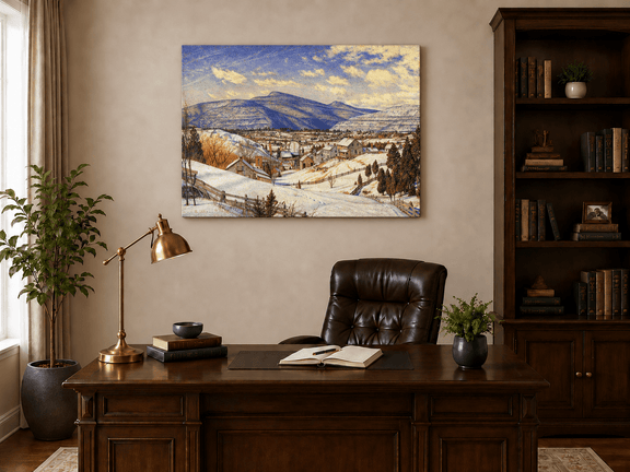 Hand-painted Snowy Mountain Village in Winter Light landscape oil painting displayed as wall art in a styled interior