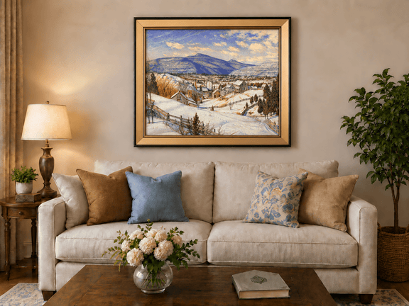 Hand-painted Snowy Mountain Village in Winter Light landscape oil painting displayed as wall art in a styled interior