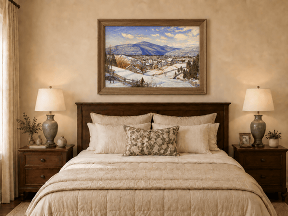 Hand-painted Snowy Mountain Village in Winter Light landscape oil painting displayed as wall art in a styled interior