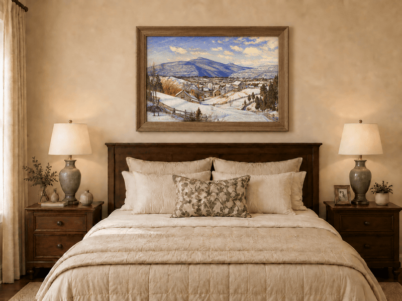 Hand-painted Snowy Mountain Village in Winter Light landscape oil painting displayed as wall art in a styled interior