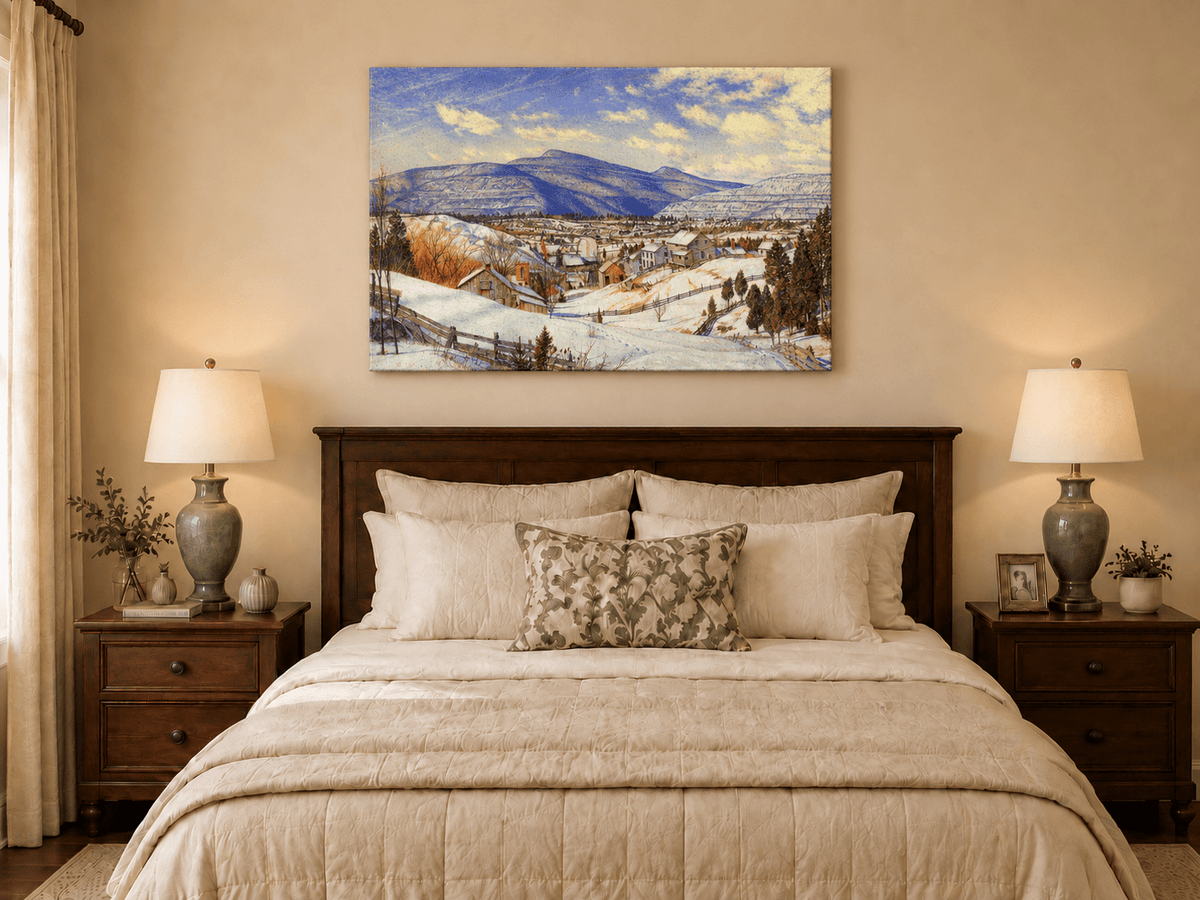 Hand-painted Snowy Mountain Village in Winter Light landscape oil painting displayed as wall art in a styled interior
