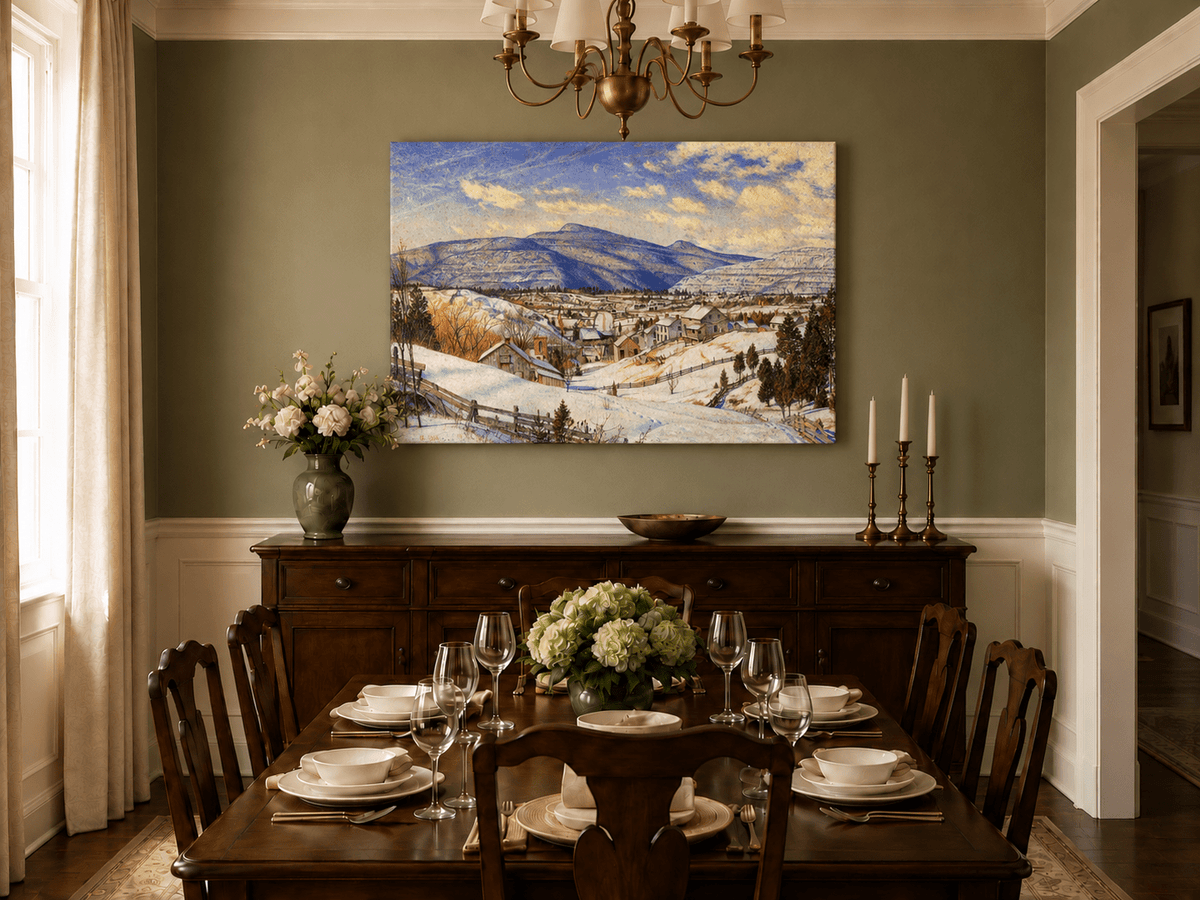 Hand-painted Snowy Mountain Village in Winter Light landscape oil painting displayed as wall art in a styled interior