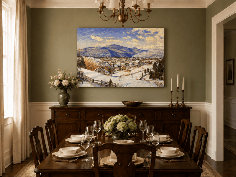 Hand-painted Snowy Mountain Village in Winter Light landscape oil painting displayed as wall art in a styled interior