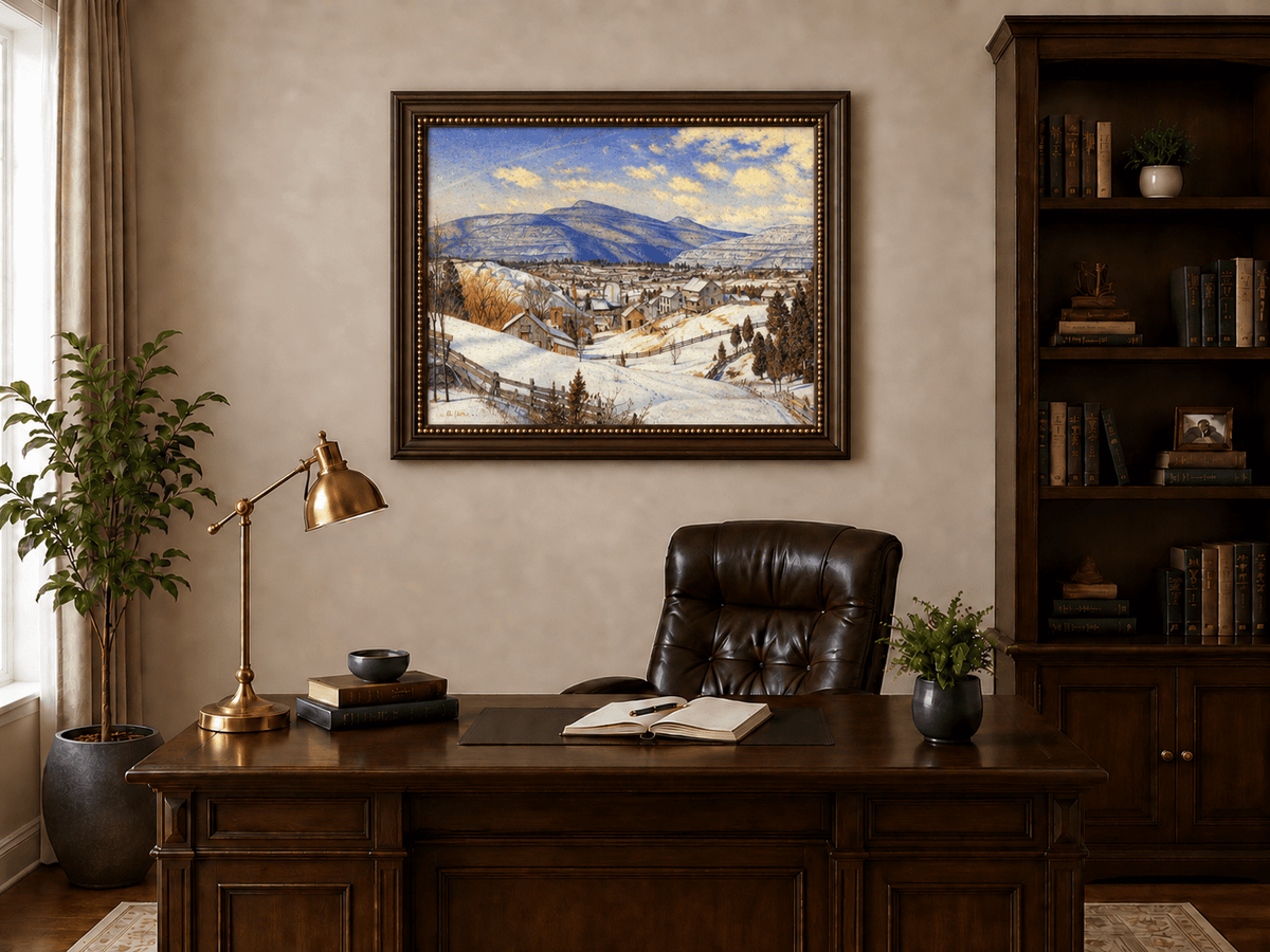 Hand-painted Snowy Mountain Village in Winter Light landscape oil painting displayed as wall art in a styled interior