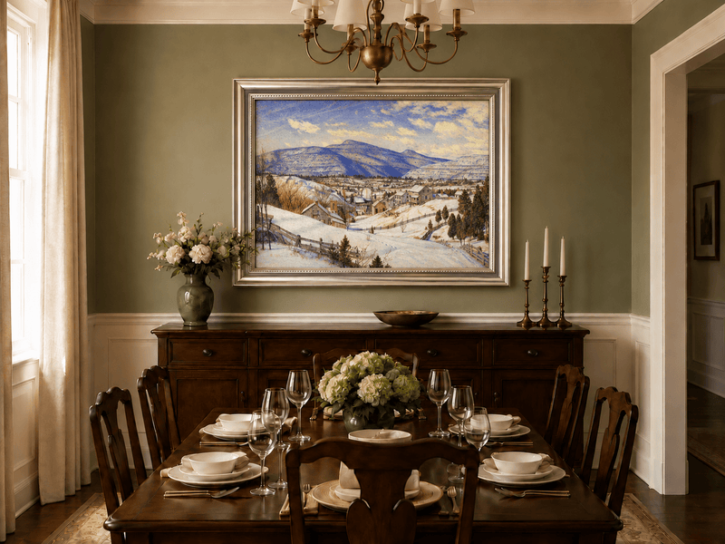 Hand-painted Snowy Mountain Village in Winter Light landscape oil painting displayed as wall art in a styled interior