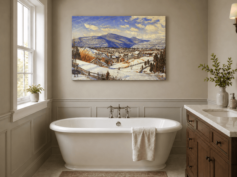 Hand-painted Snowy Mountain Village in Winter Light landscape oil painting displayed as wall art in a styled interior