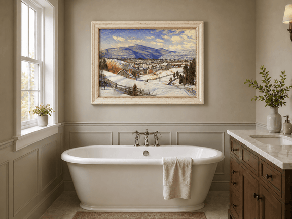 Hand-painted Snowy Mountain Village in Winter Light landscape oil painting displayed as wall art in a styled interior