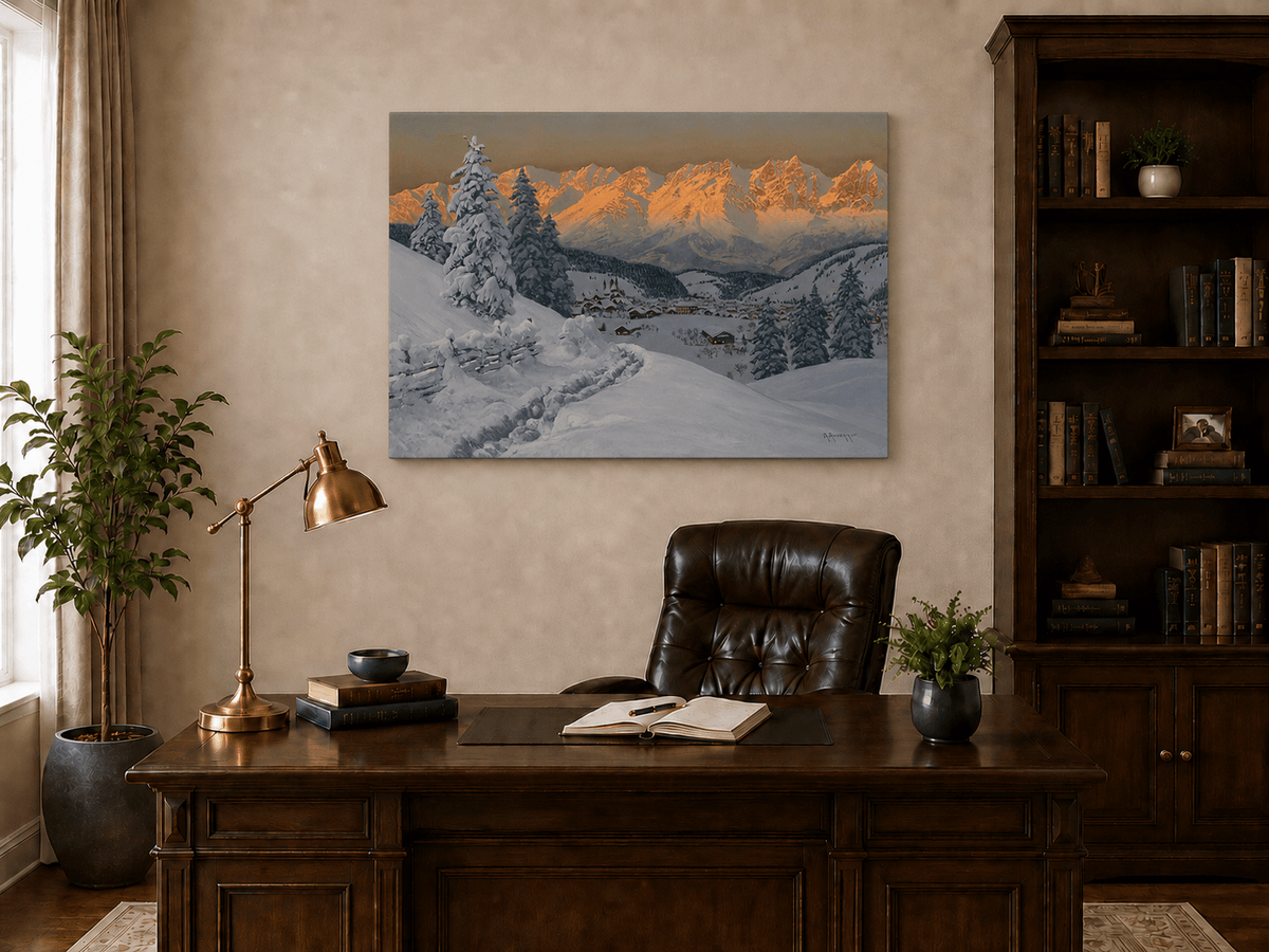 Peinture à l'huile de paysage - Scène de coucher de soleil dans un village de montagne enneigée