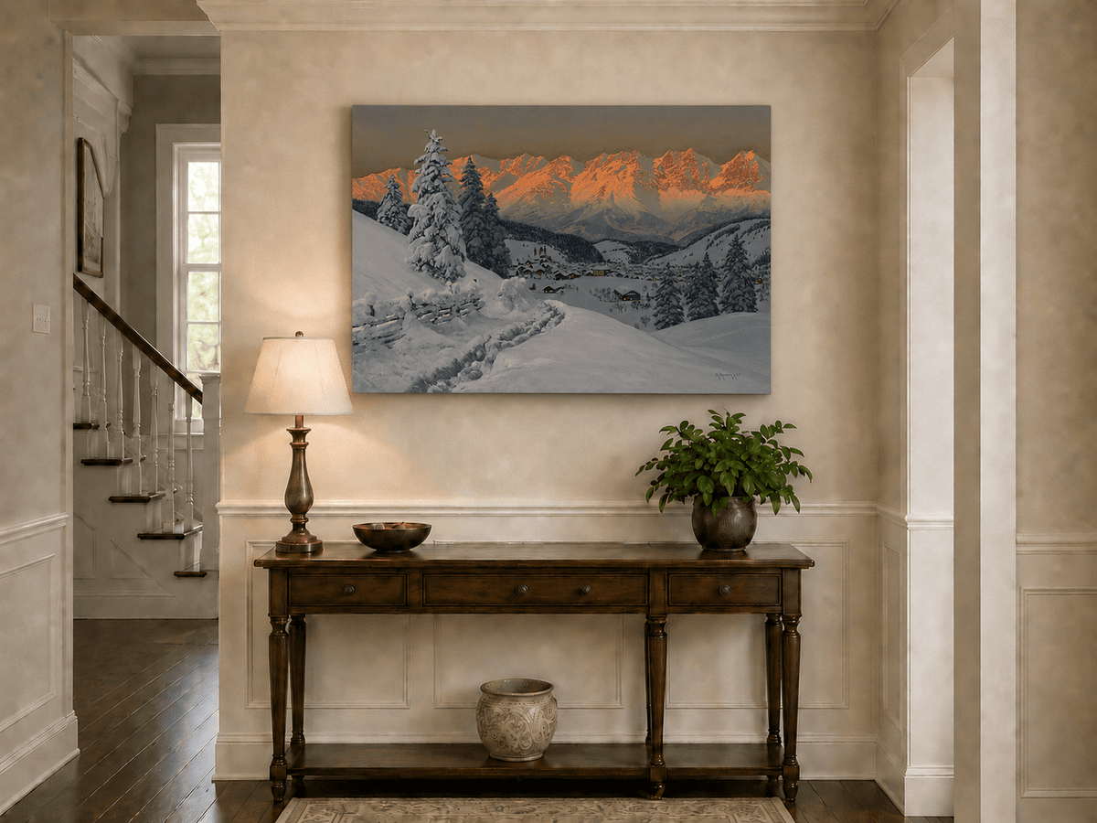 Peinture à l'huile de paysage - Scène de coucher de soleil dans un village de montagne enneigée