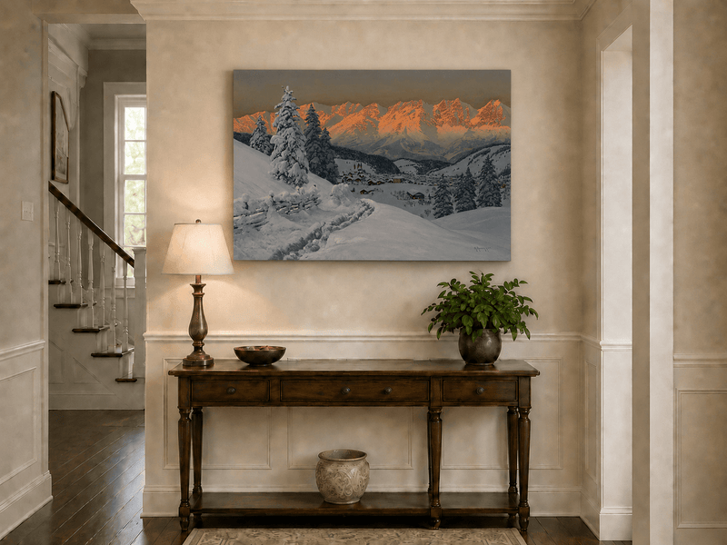 Peinture à l'huile de paysage - Scène de coucher de soleil dans un village de montagne enneigée