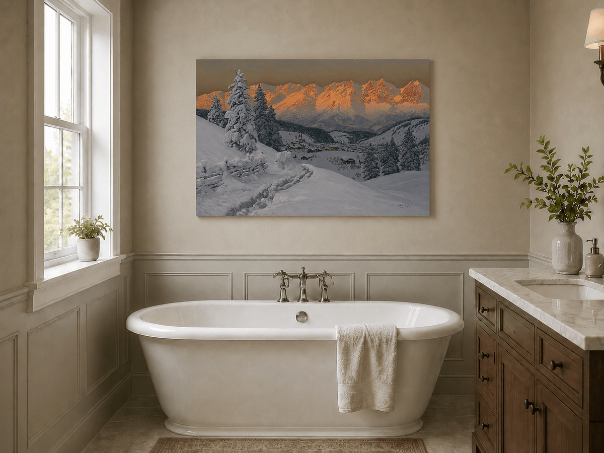 Peinture à l'huile de paysage - Scène de coucher de soleil dans un village de montagne enneigée