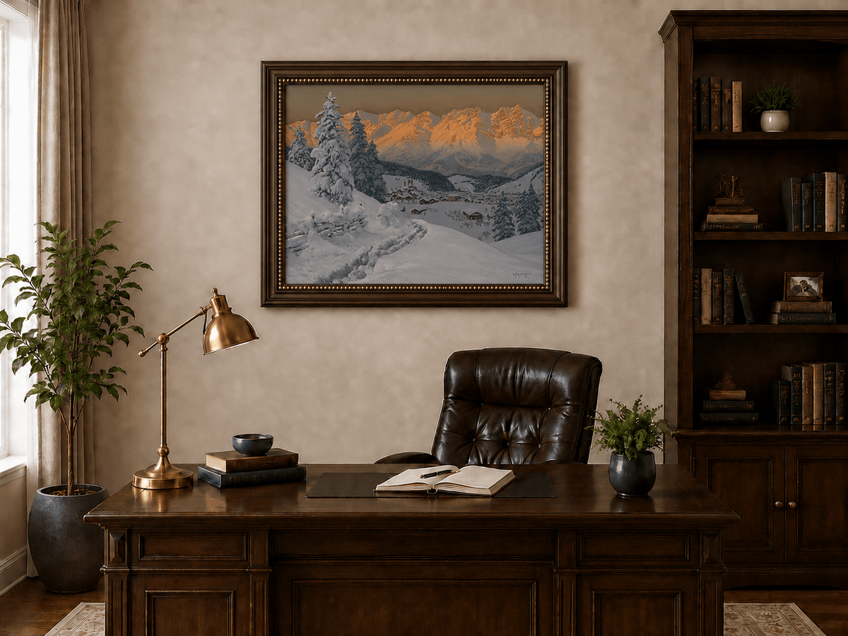 Peinture à l'huile de paysage - Scène de coucher de soleil dans un village de montagne enneigée