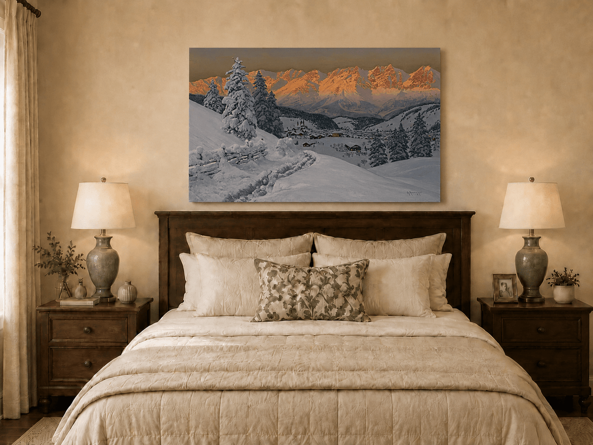 Peinture à l'huile de paysage - Scène de coucher de soleil dans un village de montagne enneigée