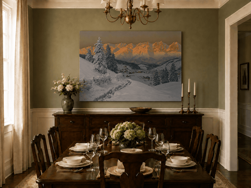 Peinture à l'huile de paysage - Scène de coucher de soleil dans un village de montagne enneigée