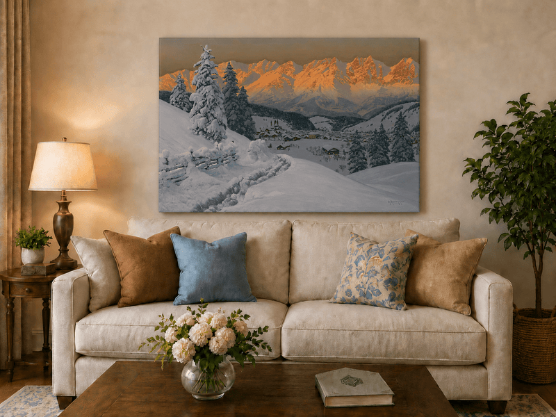 Peinture à l'huile de paysage - Scène de coucher de soleil dans un village de montagne enneigée