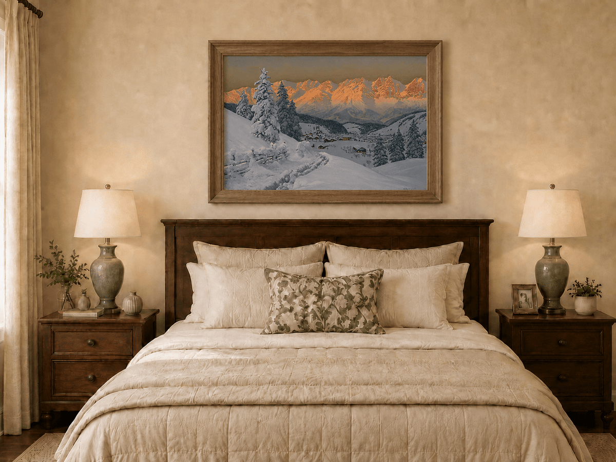 Peinture à l'huile de paysage - Scène de coucher de soleil dans un village de montagne enneigée