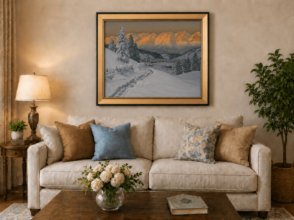 Peinture à l'huile de paysage - Scène de coucher de soleil dans un village de montagne enneigée