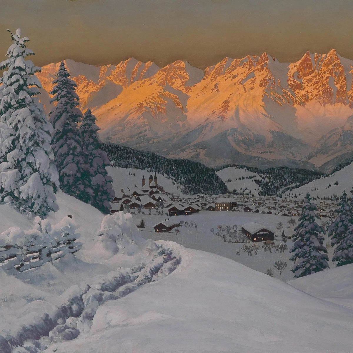Landscape Oil Painting - Snowy Mountain Village Sunset Scene Wall Art - Oil Painting Haven