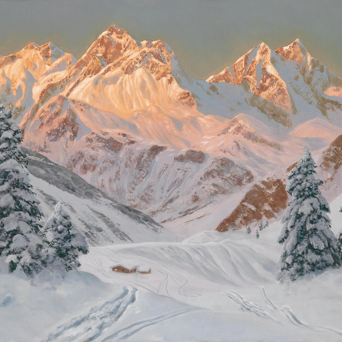 Landscape Oil Painting - Snowy Mountain with Hut & Tracks - Oil Painting Haven