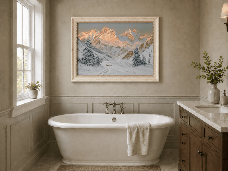 Peinture à l'huile de paysage - Montagne enneigée avec refuge et sentiers