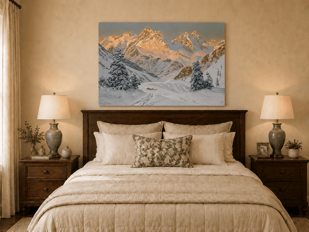 Peinture à l'huile de paysage - Montagne enneigée avec refuge et sentiers