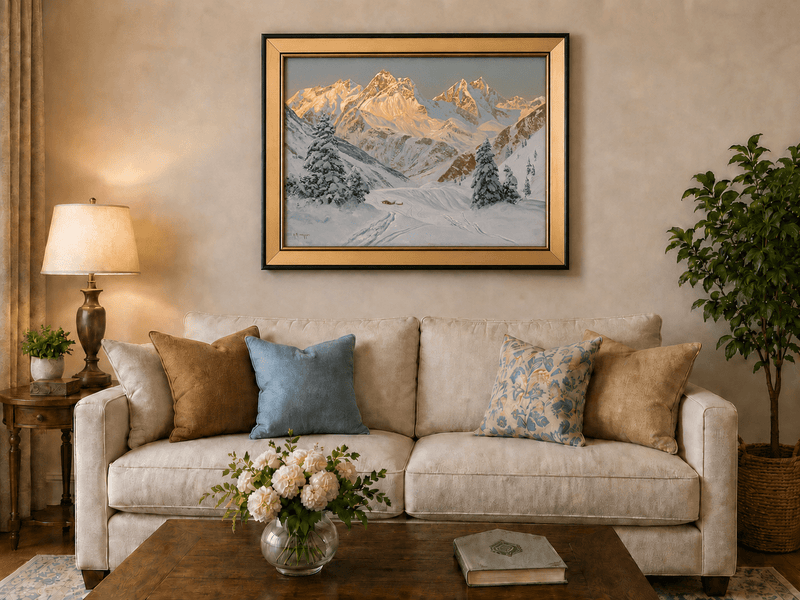 Peinture à l'huile de paysage - Montagne enneigée avec refuge et sentiers