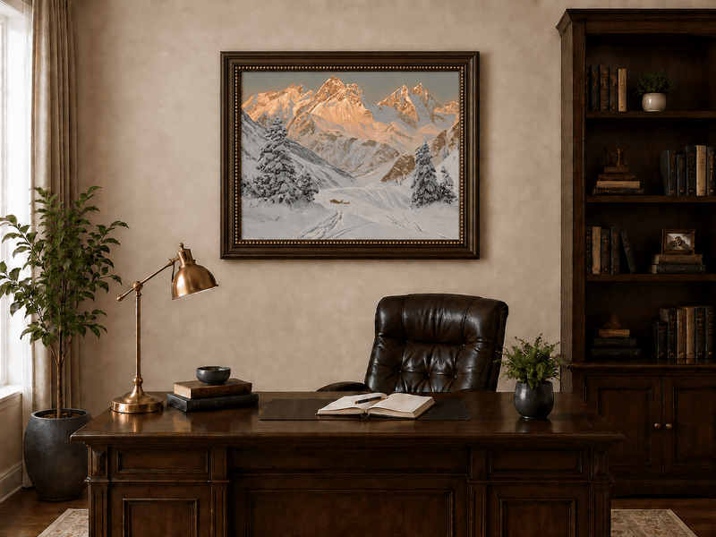 Peinture à l'huile de paysage - Montagne enneigée avec refuge et sentiers