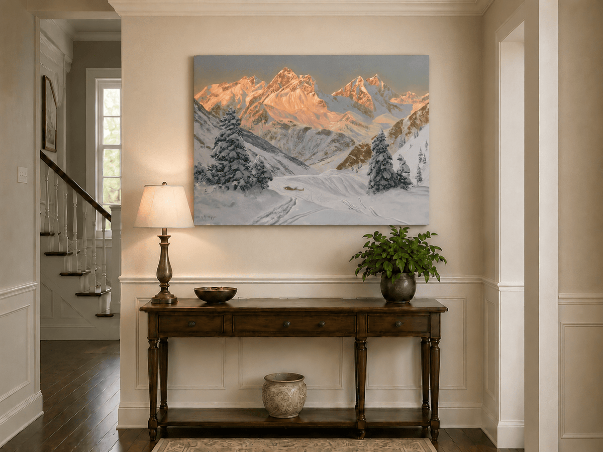 Peinture à l'huile de paysage - Montagne enneigée avec refuge et sentiers