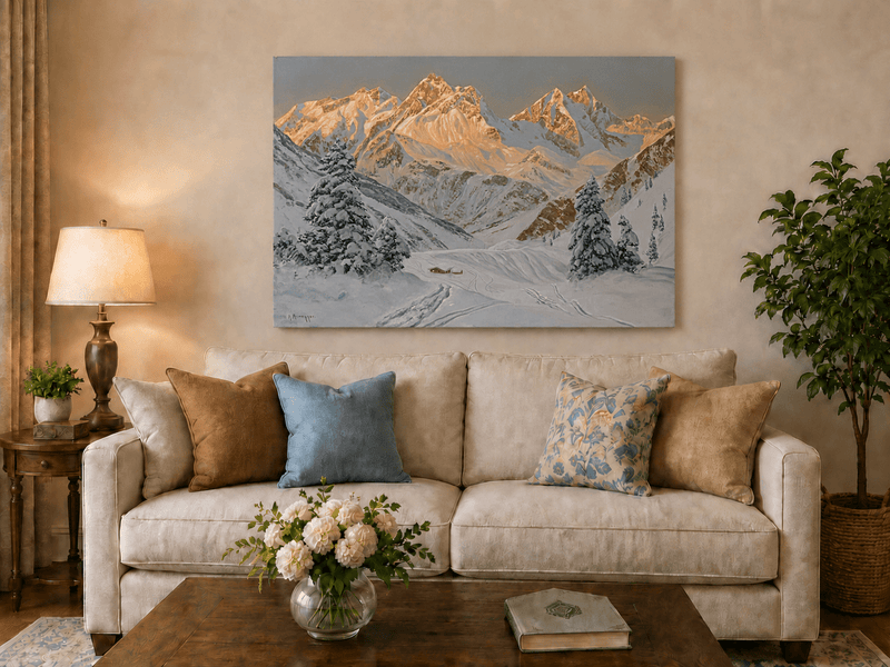 Peinture à l'huile de paysage - Montagne enneigée avec refuge et sentiers