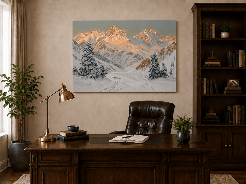 Peinture à l'huile de paysage - Montagne enneigée avec refuge et sentiers