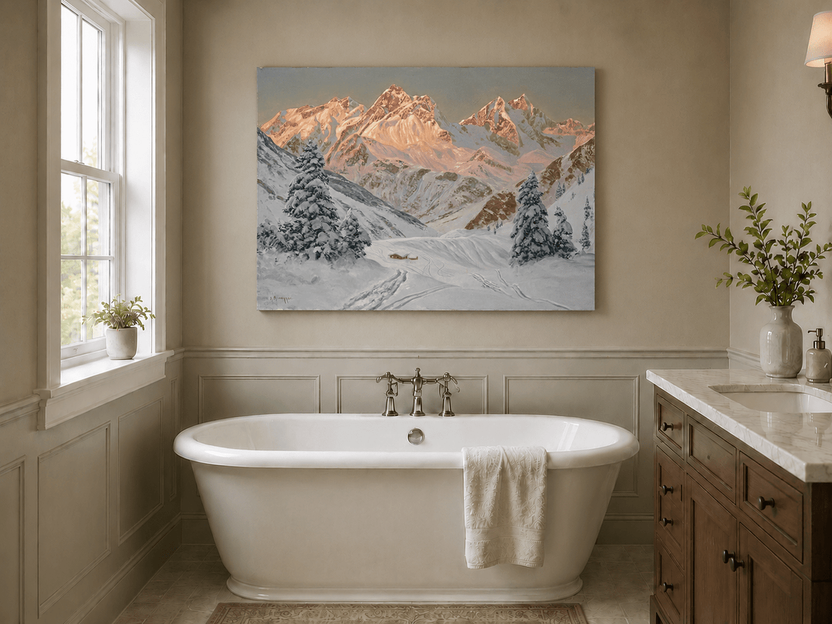 Peinture à l'huile de paysage - Montagne enneigée avec refuge et sentiers