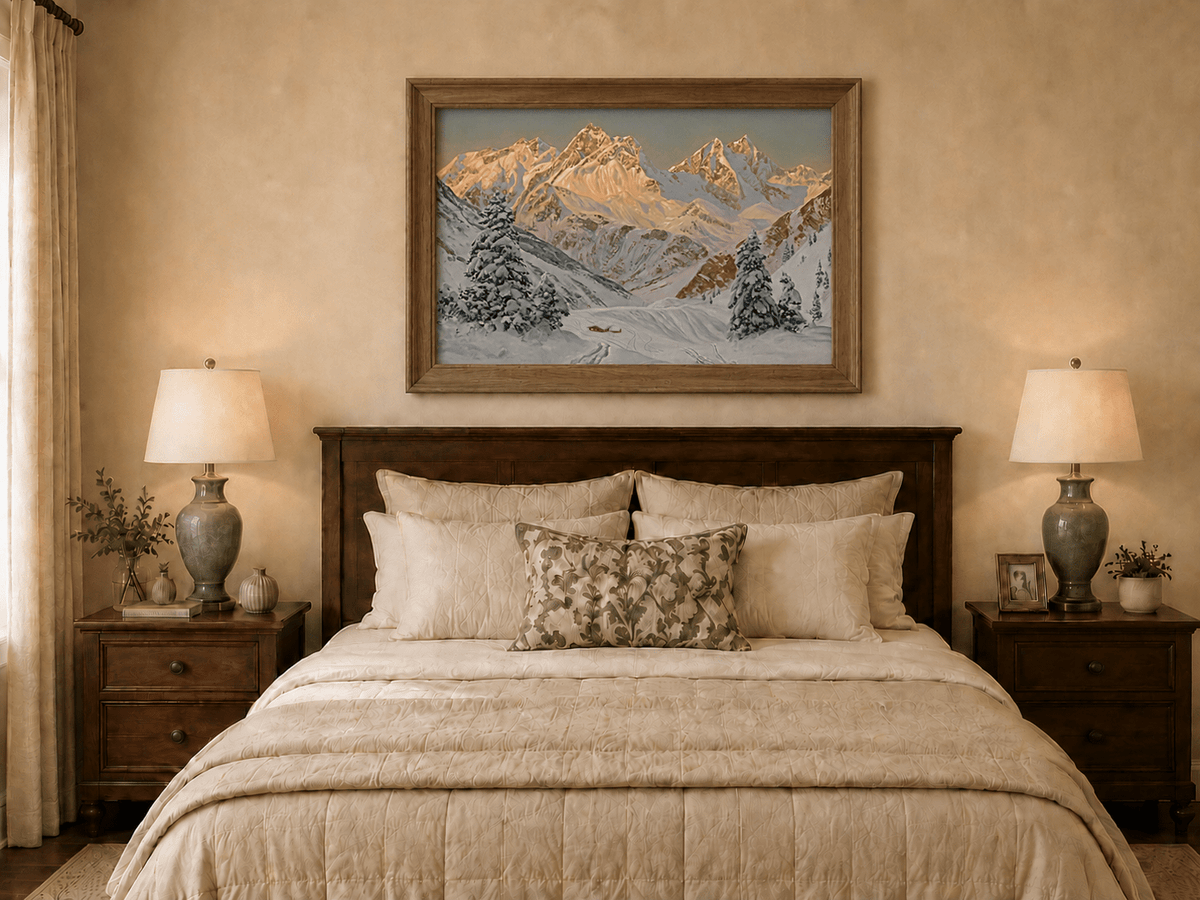 Peinture à l'huile de paysage - Montagne enneigée avec refuge et sentiers