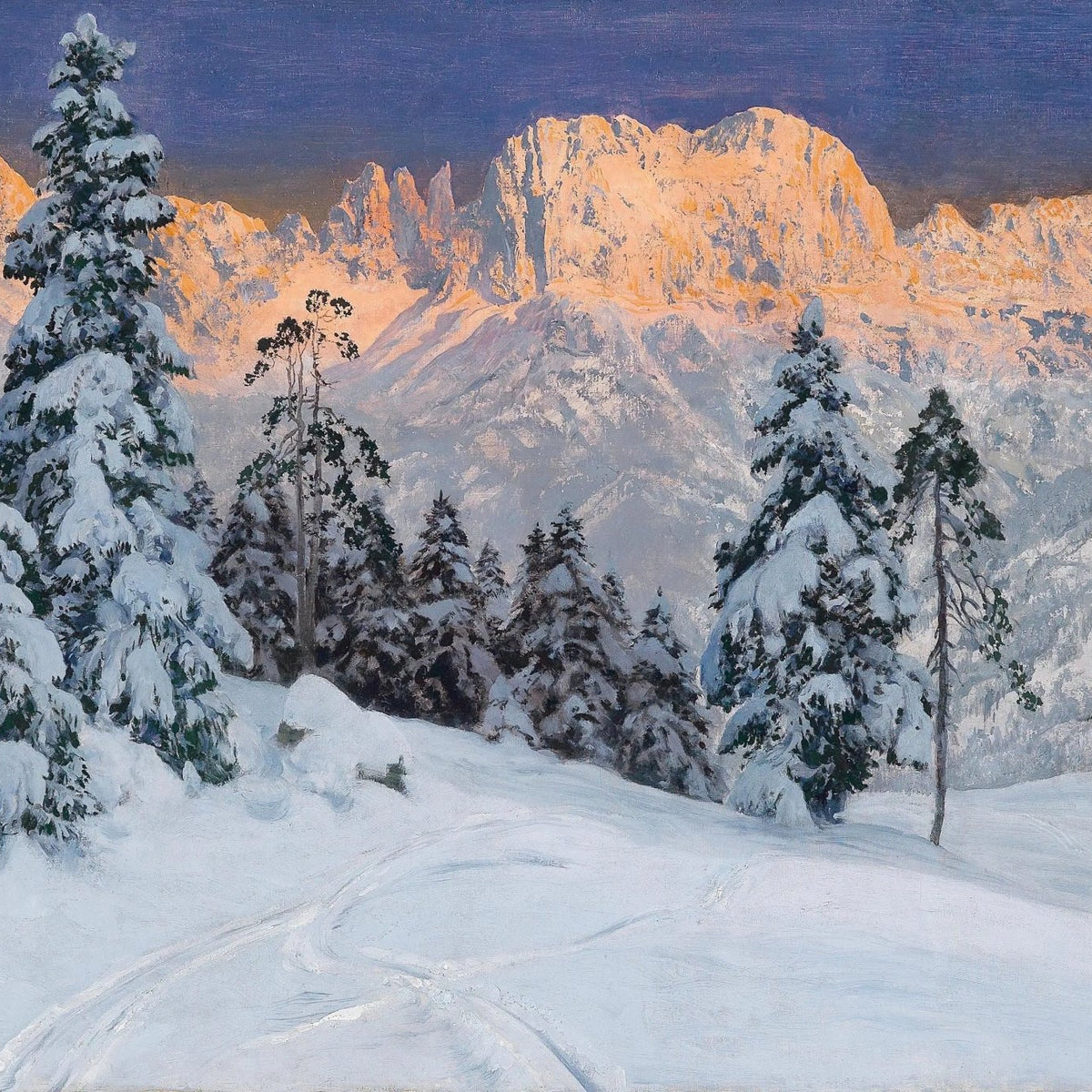 Landscape Oil Painting - Snowy Mountain with Pine Trees & Footprints Wall Art - Oil Painting Haven