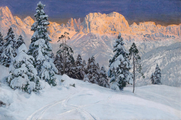 Landscape Oil Painting - Snowy Mountain with Pine Trees & Footprints Wall Art - Oil Painting Haven