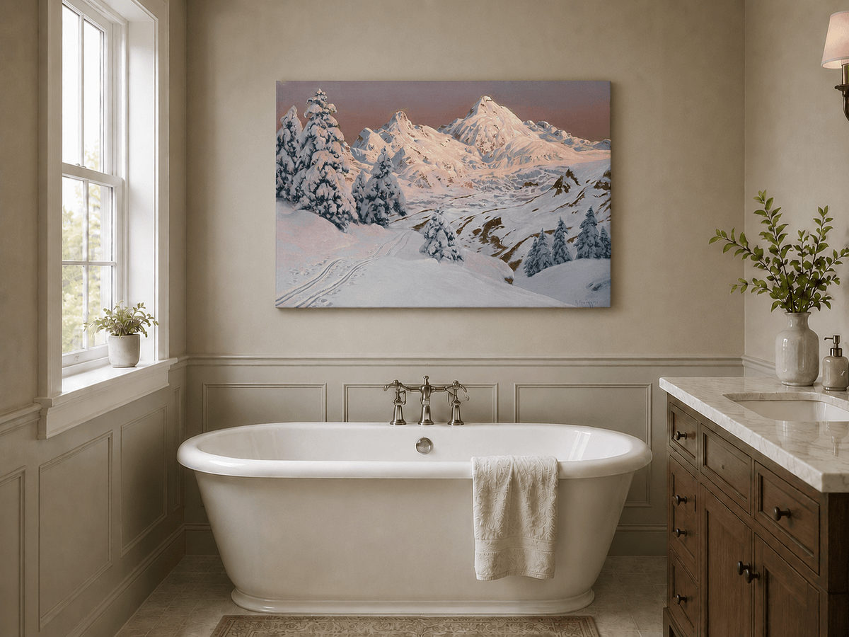 Peinture à l'huile de paysage - Montagne enneigée avec arbres et sentiers