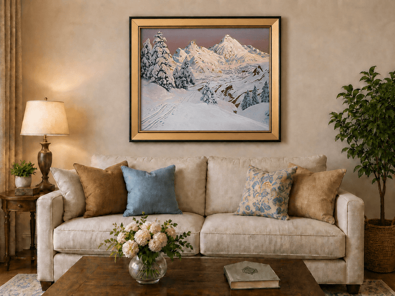 Peinture à l'huile de paysage - Montagne enneigée avec arbres et sentiers