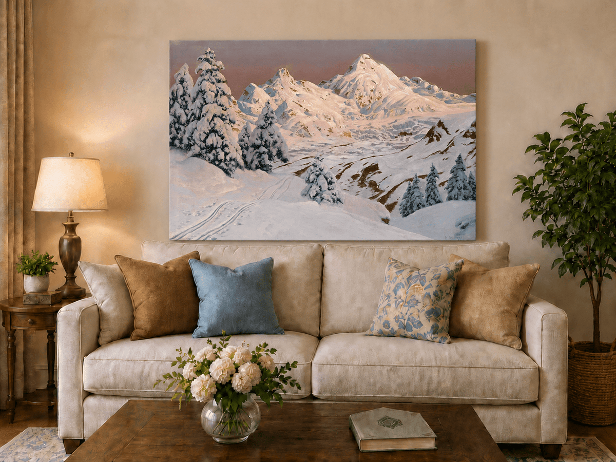 Peinture à l'huile de paysage - Montagne enneigée avec arbres et sentiers