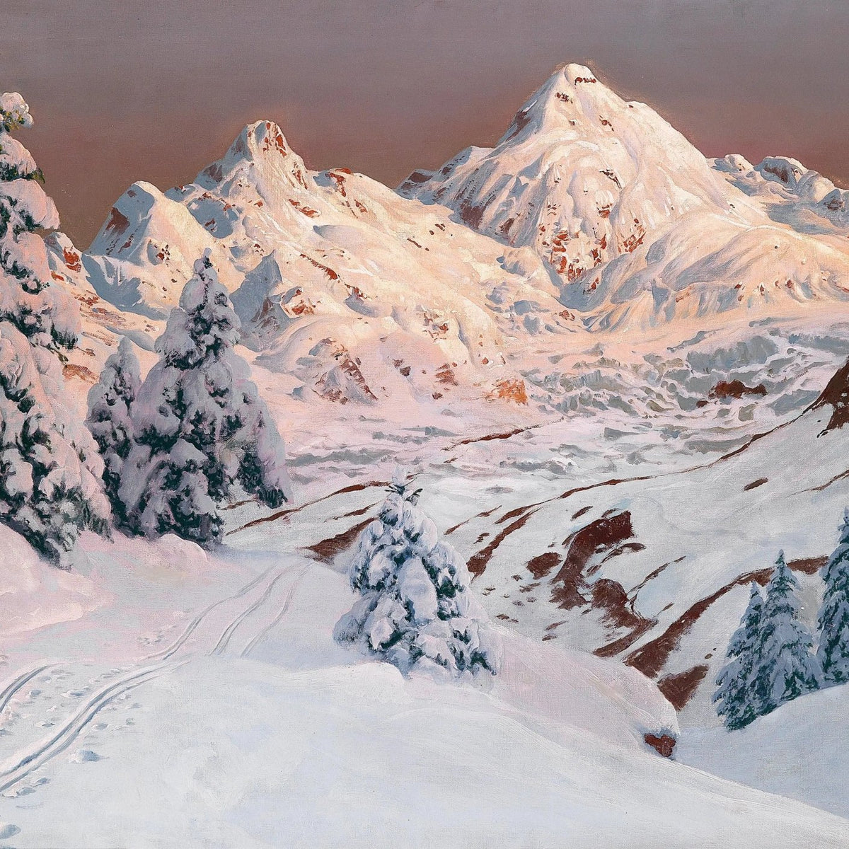 Landscape Oil Painting - Snowy Mountain with Trees & Tracks - Oil Painting Haven