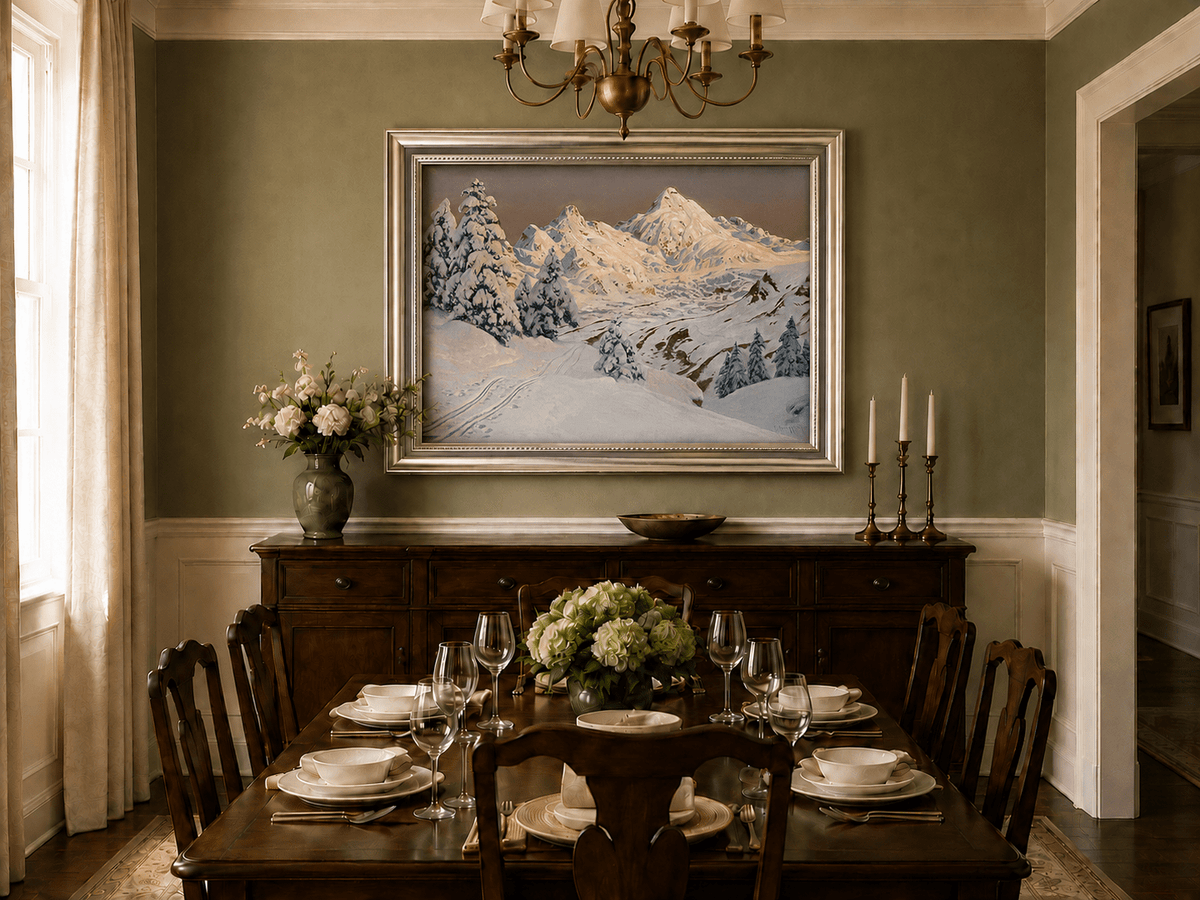 Peinture à l'huile de paysage - Montagne enneigée avec arbres et sentiers