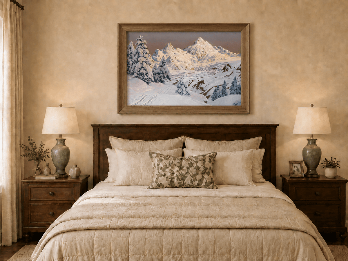 Peinture à l'huile de paysage - Montagne enneigée avec arbres et sentiers