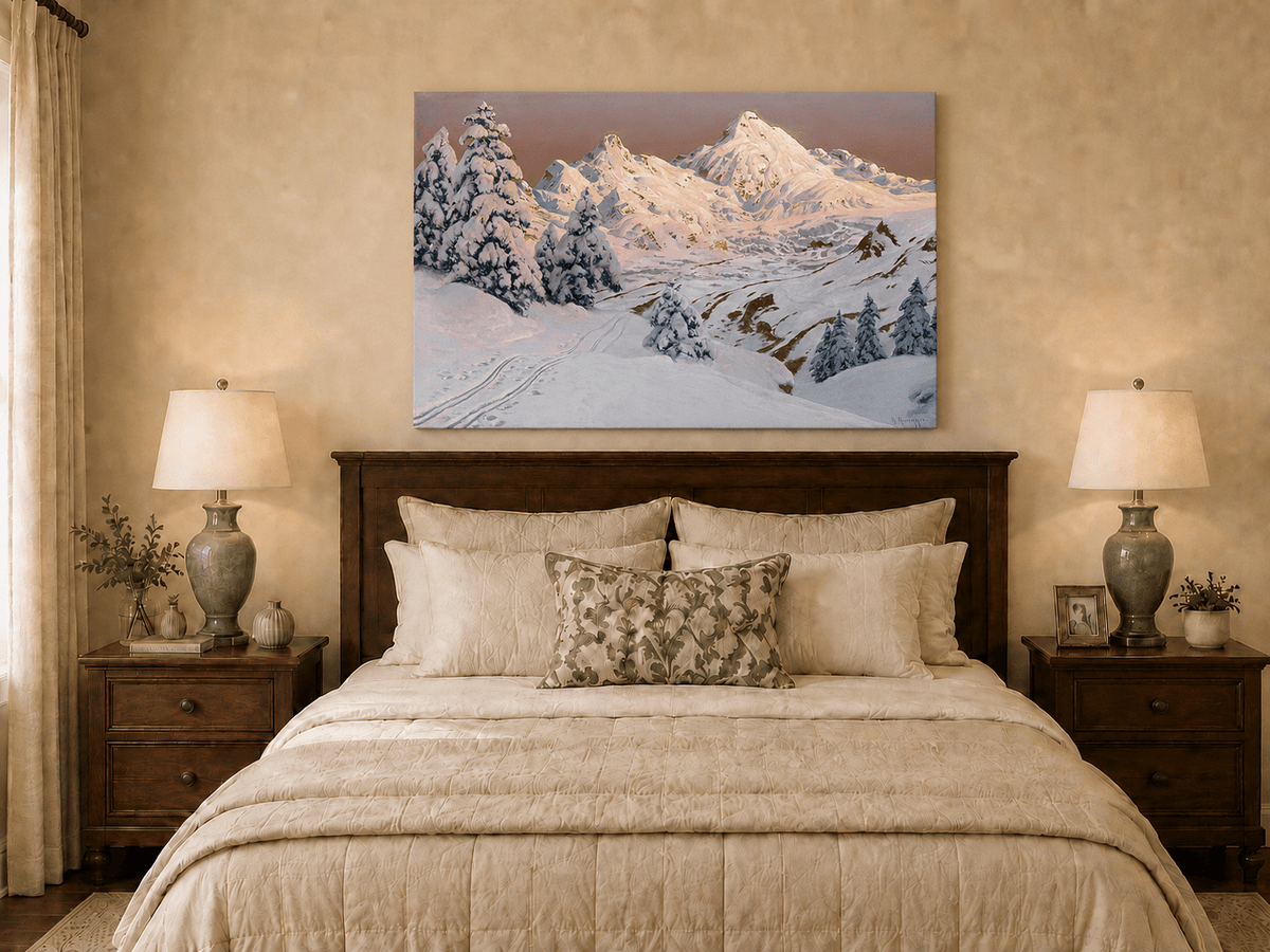 Peinture à l'huile de paysage - Montagne enneigée avec arbres et sentiers