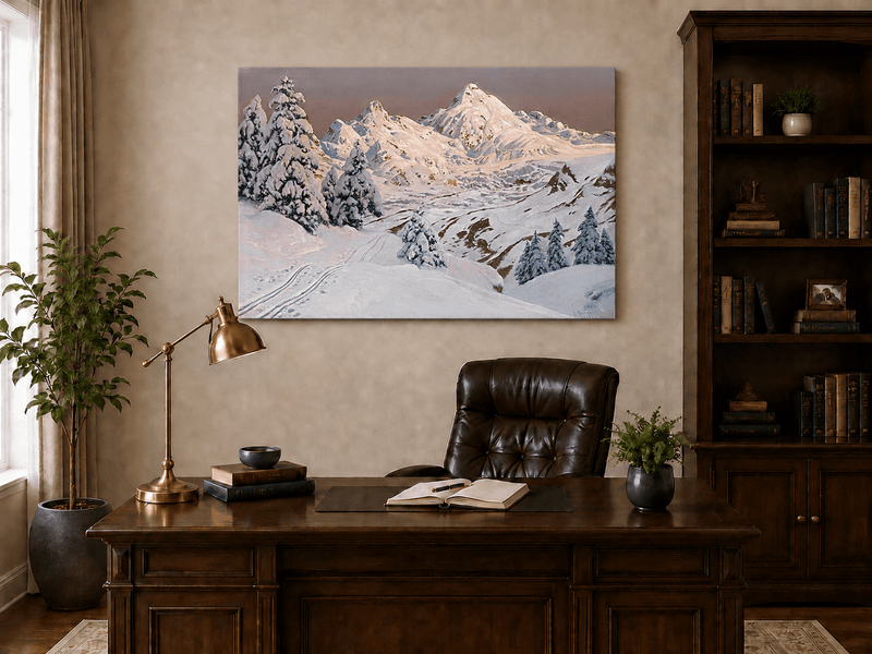 Peinture à l'huile de paysage - Montagne enneigée avec arbres et sentiers
