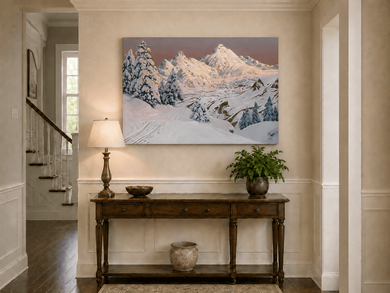 Peinture à l'huile de paysage - Montagne enneigée avec arbres et sentiers