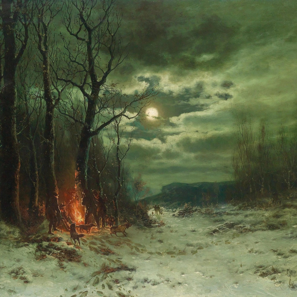 Landscape Oil Painting - Snowy Night with Campfire & Figures - Oil Painting Haven