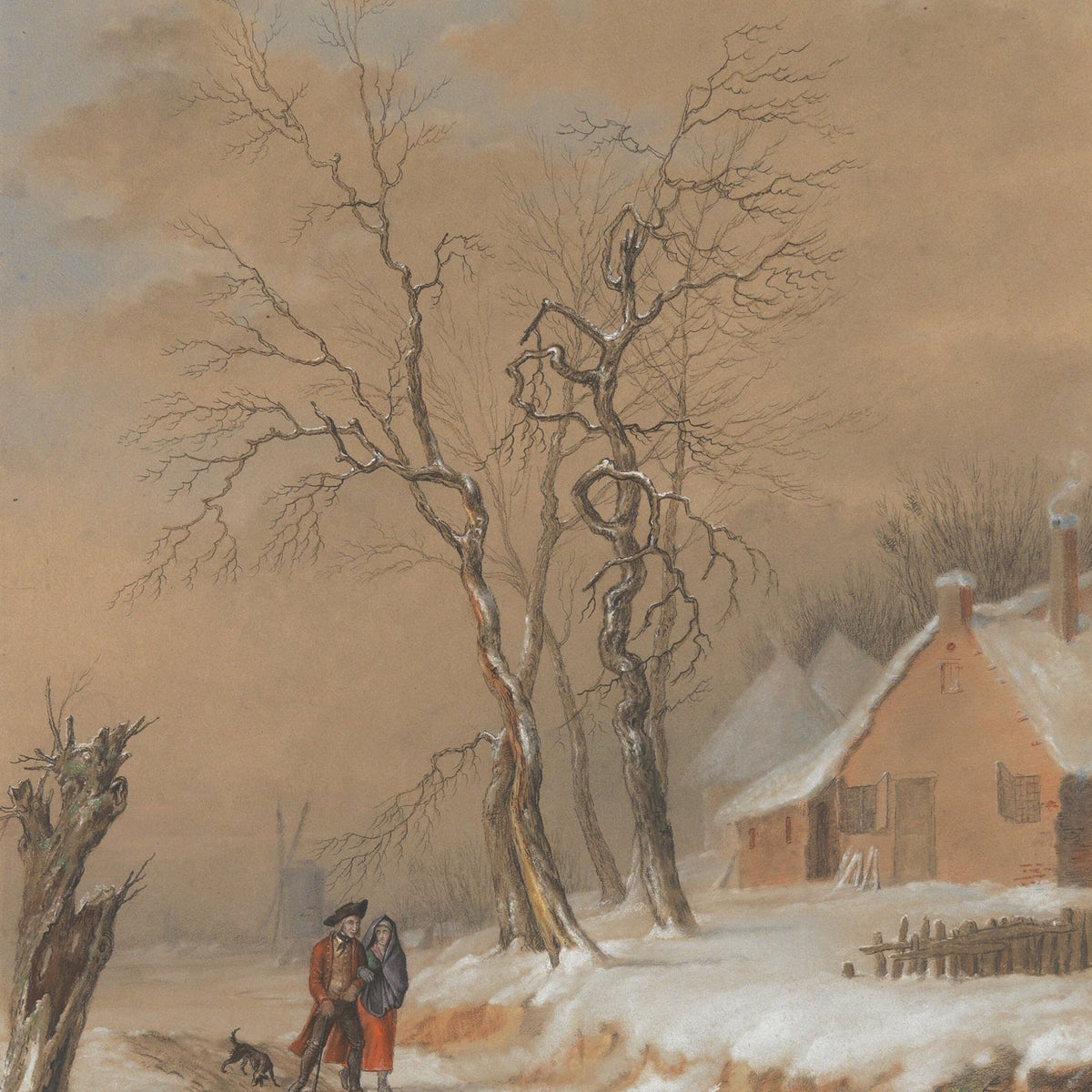 Hand-painted snowy road with bare trees and cottage landscape oil painting on canvas