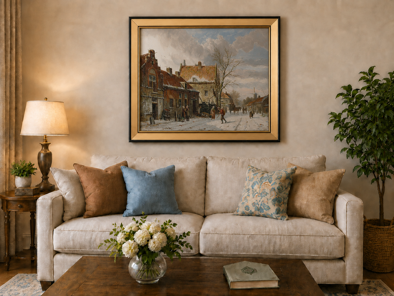 Snowy street with figures and buildings landscape oil painting displayed in a styled home interior wall art setting.