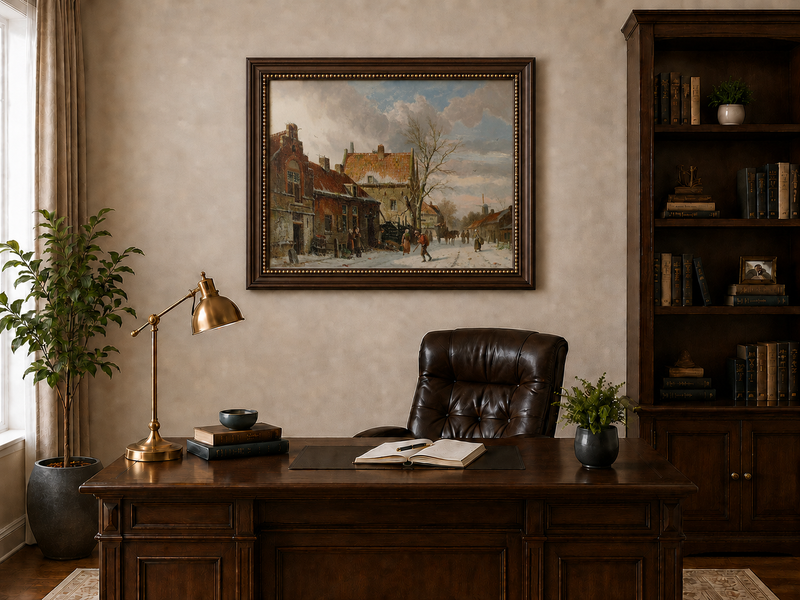 Snowy street with figures and buildings landscape oil painting presented in a styled interior wall art mockup.