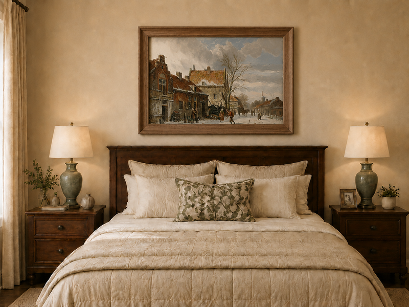 Hand-painted snowy street with figures and buildings landscape oil painting displayed as decorative wall art.